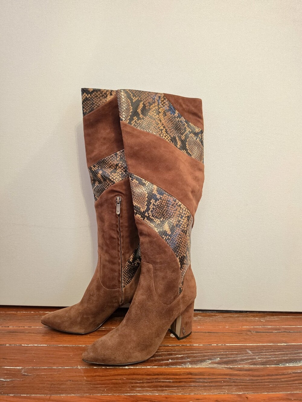 Sam Edelman Brown Suede Over-the-Knee Boots with Snake-Print Panels